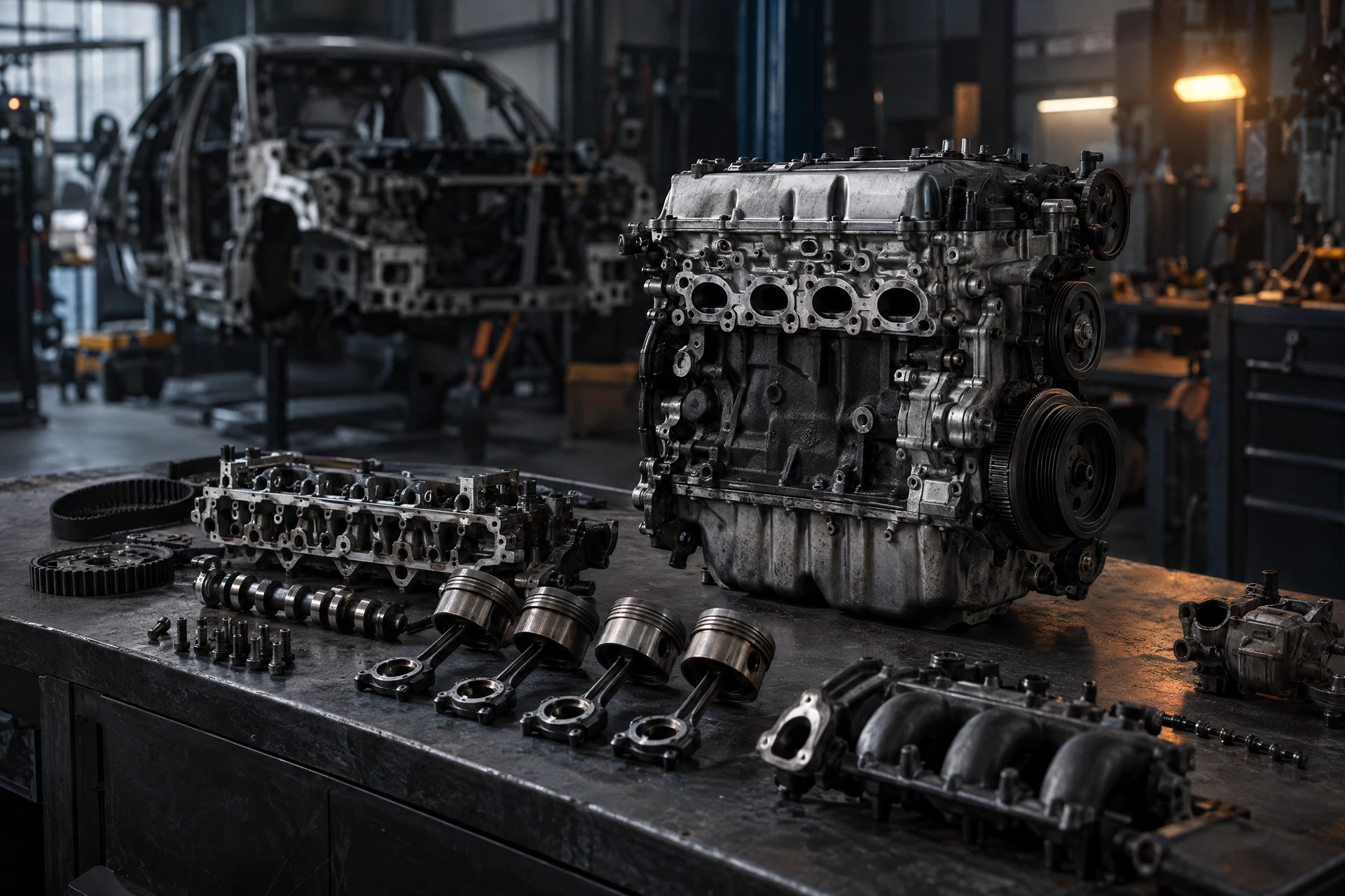 Imagen ilustrativa de un conjunto mecánico automotor en un entorno de taller
